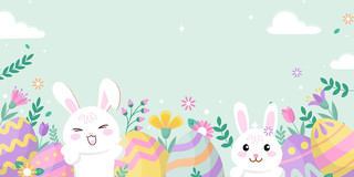 浅绿简约兔子卡通植物叶子彩蛋节日文艺小清新复活节展板背景